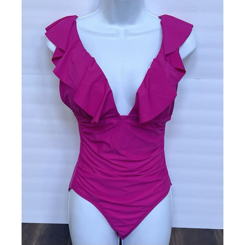 J.Crew Ruched Ruffle Size 8 One Piece Swimsuit Radiant Fuchsia Vacation Resort - Picture 1 of 11